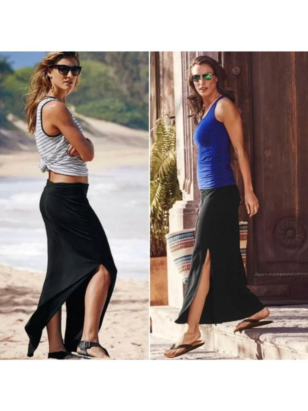 Athleta Seaside Foldover Waist Long Black Side Slits Maxi Skirt L